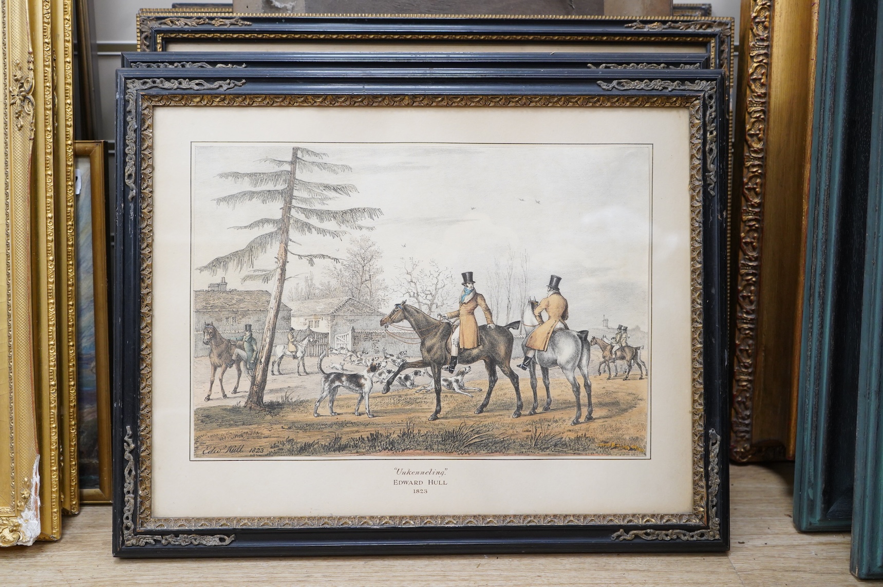 After Dean Wolstenholme (1757-1837) and Edward Hull, eight hunting interest lithographs to include: 'Unkenneling', 'Breaking cover', 'Morning' and 'Afternoon', 32 x 42cm